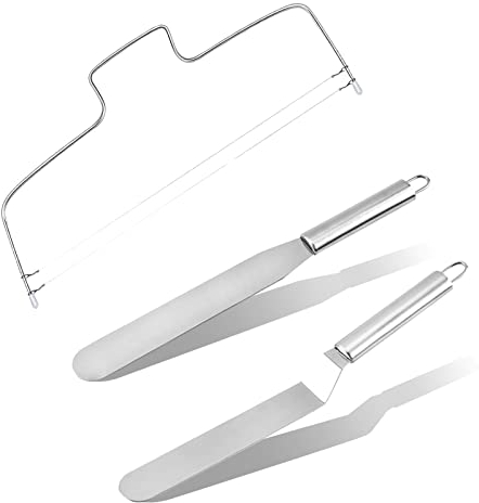 QILUCKY 3-Teiliges Edelstahl Winkelpalette Set Kuchenmesser & Tortenmesser, Tortenbodenteiler/Tortenschneider mit 2 gezahnten Schneiddrähten (Weiß)