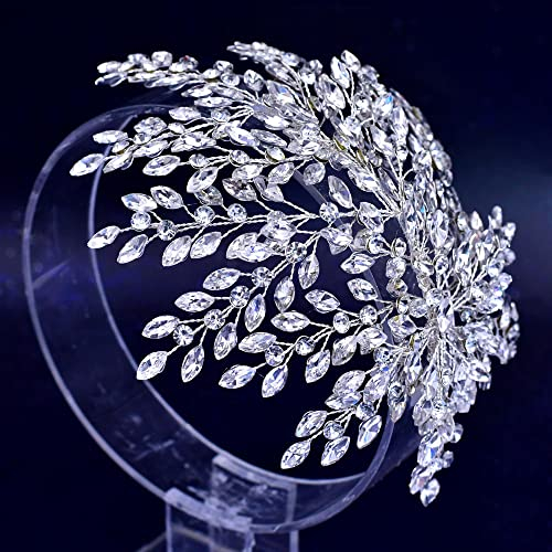 Haarschmuck Hochzeit für Braut Brautjungfern Silber Kopfschmuck aus Strass Blattstil Damen Mädchen Party Haar Schmuck Handmade Brautschmuck Haare (lang 7,48 Zoll)