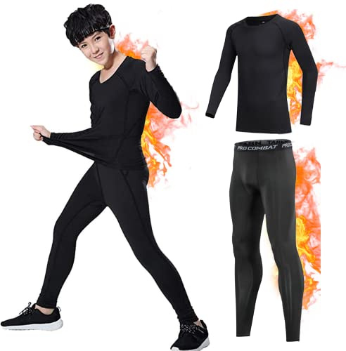 CheChury Ensembles Thermiques Garçon sous-Vêtement Thermique Garçon Base Layer sous-Vêtements Fille Haut à Manches Longues + Long Culotte Sport Respirants Thermiques Ensemble Enfant Ski Football,26