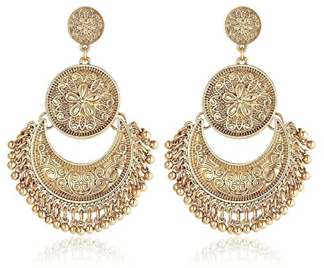 GAUEIOUR Pendientes indios, aretes de joyería de personalidad étnica de recuerdo de moda india, accesorios vintage exagerados para mujer, joyería india (dorado)