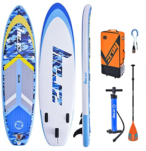Zray - Stand Up Paddle Gonflable - Planche Sup Rigide - Technologie Droptitch Double Couche - 4 Anneaux d'attache - Accessoires Pompe, Pagaie, Ailerons, Valise de Transport et Leash - Camo Bleu