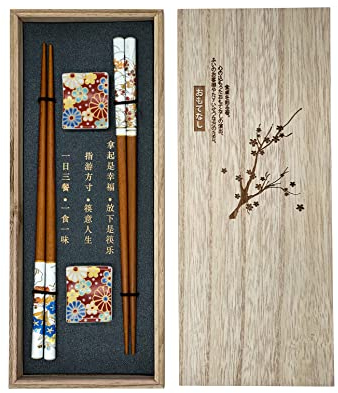 Sushi Essstäbchen Set Blume Flower 2 Paar inklusive Keramik-Unterleger in Premium Holzbox Nachhaltig Japanisch Chinesisch Koreanisch Taiwanesisch