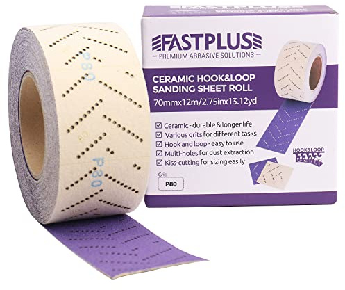 FASTPLUS 70mmx12m Multi Hole Ceramic Sandpaper Roll 80 Grit Hook and Loop | Sanding Roll for Automotive Body Repair Rectangular Hand Torn Sandpaper Wood Coating Removal and Hand Sanding Applications