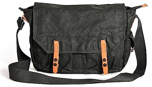 Gootium Messenger-Tasche aus Segeltuch – Vintage-Schultertasche 16 Zoll (40,6 cm), Laptoptasche, Kurier-Stil, Geldbörse, Crossbody, Campus, Arbeitstasche, Schwarz, Langlebig, Vintage