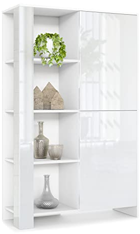 Vladon Highboard Canto, Made in Germany, hoher Schrank mit 2 Türen und 8 Fächern, Korpus Weiß matt, Fronten Weiß Hochglanz, Dekor-Paneele Weiß Hochglanz (95 x 151,5 x 36 cm)