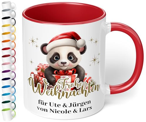 True Statements Kinder Weihnachtstasse personalisiert „Frohe Weihnachten“ Panda-Motiv 330ml Keramik Tasse mit Namen Mädchen Junge – Geschenk zu Weihnachten (Rot)