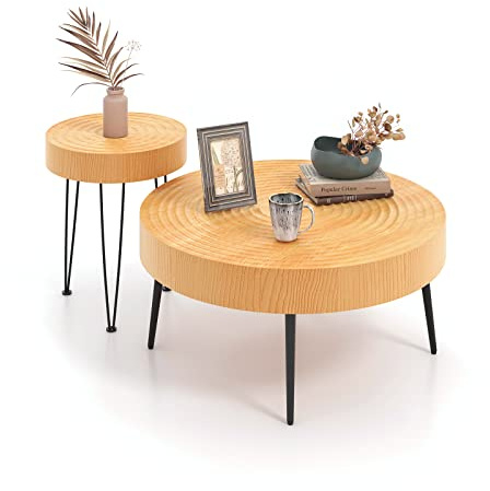 CASART Nesting Coffee Table Set of 2, Sofa Side Table with Pine Wood Tabletop, Metal Legs & Adjustable Foot Pads, Stackable End Tea Table for Living Room Bedroom Office (Water-ripple Tabletop)