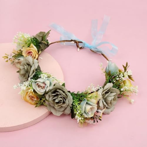 Whakano Blumenkranz Künstliche Blumen Stirnband Damen Mädchen,Blumen Stirnbänder Kopfschmuck Boho Haarbände mit Verstellbarer Schleife,Haarschmuck für Festival Party Hochzeit Strand,Grau
