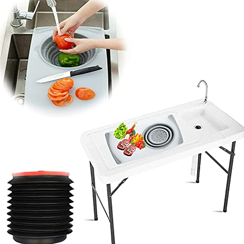 KGDJBGSE Tragbarer klappbarer Camping-Spültisch mit Wasserhahn, weiß, klappbares Schneidebrett, Faltbarer Eimer, Camping-Picknick-Gartentisch