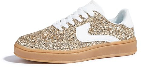 LUCKY STEP Women's Glitter Sneakers Fashion Retro Casual Sparkly Bling Shiny Dressy Bedazzled Bridal Wedding Anti Slip Walking Shoes (Gold/White, 9US-40EU-7UK)