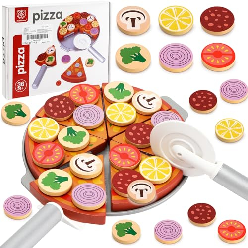 Williyatt Accessoires de cuisine pour enfants en bois - Jouet à pizza avec roulette à pizza, spatule, plaque, accessoires de cuisine pour enfants, accessoires de cuisine pour enfants, accessoires de