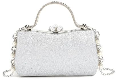 YUEZHAN Abendtasche Damen Clutch Abendkleid-Tasche Damen-Perlen-Handtasche Mit Kreuz-Leichensack-Abschluss Ball-Dinner-Party 19 * 5,5 * 11 Silber