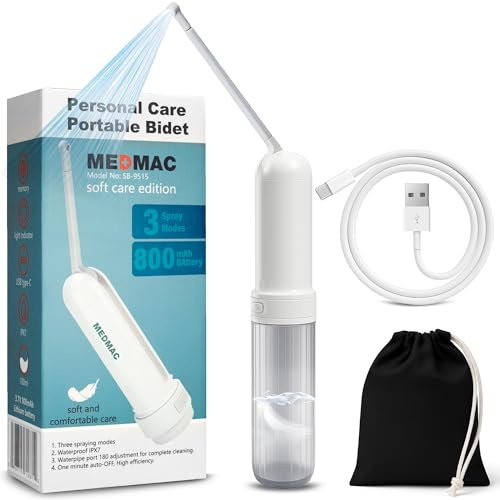 MEDMAC Portable Bidet for Travel, Rechargable USB-C 3 High Pressure Modes Travel Bidet Compact Waterproof Handheld Sprayer Device for Women, Men, Babies - Ideal for Personal Hygiene (White)