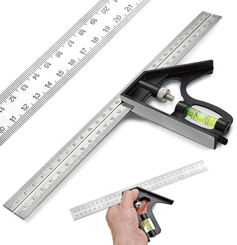 Square Ruler Tool Set, Combination Square Carpentry Tools with 12Inches/300mm Scale, 45/90 Degree Ruler with Bubble Level, Measuring Tool for Woodworking Engineer Carpenter