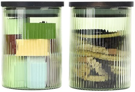 BKYFPQ 2 Pack Ribbed Glass Qtip Holder Dispenser Set - Apothecary Jars with Lids - Bathroom Canister Storage Organizer and Vanity Makeup Organizer for Cotton Ball,Swab,Round Pads,Floss