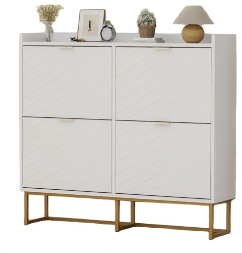 UEV Schuhschrank mit 4 Klappen schmal, Schuhkommode mit Kippschutz, Schuhregal Flur Eingangsbreich, Schuhkipper für Verschiedene Schuhtypen, Trennwände verstellbar, 100x24x103,5cm, weiß