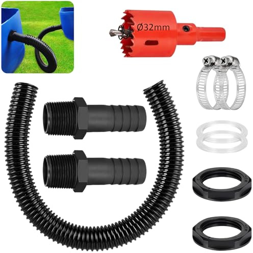 Regentonnen Verbindungsset 32mm mit 1m Schlauch Wasserfass Verbinder | Lochöffner, Schlauchstutzen & Schellen, Premium Regentonnenverbinder, Überlauf