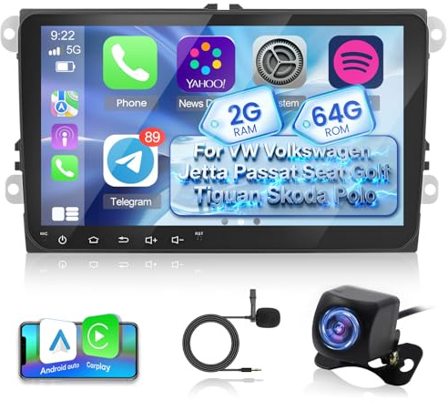 [2G+64G] Android Autoradio für VW Volkswagen Jetta Passat Seat Golf Tiguan Skoda Polo mit Kabelloses Carplay und Android Auto, 9 Zoll HD Touchscreen Autoradio mit GPS, WiFi, Bluetooth, EQ, FM RDS