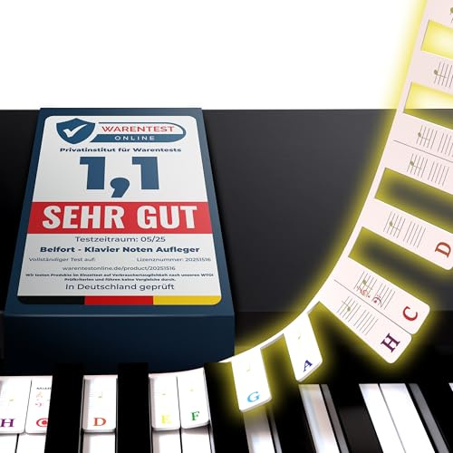 Belfort Klavier-Noten-Aufleger Bunt – für Piano & Keyboard, 88 & 61 Tasten | Abnehmbare Silikon-Tastenbeschriftung ohne Aufkleber + eBook – farbig, ideal für Kinder & Anfänger