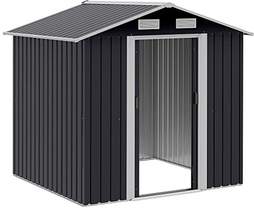 Outsunny Capanno da Giardino 2.6m² in Acciaio Zincato, Casetta Porta Attrezzi da Giardino con 4 Prese d'aria e Doppia Porta Scorrevole, 195.5x153x188cm, Nero