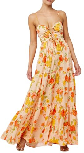Carolilly Robe Femme Maxi Longue sans Manches à Bretelles Spaghetti Imprimé Floral d'Eté Bohème Legere Fluide (Orange, S)