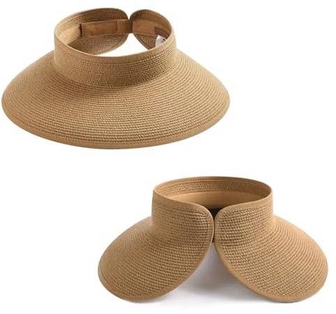FuninCrea Sombrero para el sol para mujer, sombrero de paja de ala ancha con bolsa de almacenamiento, plegable y empaquetable, tapa abierta, gorra de escudo para mujer