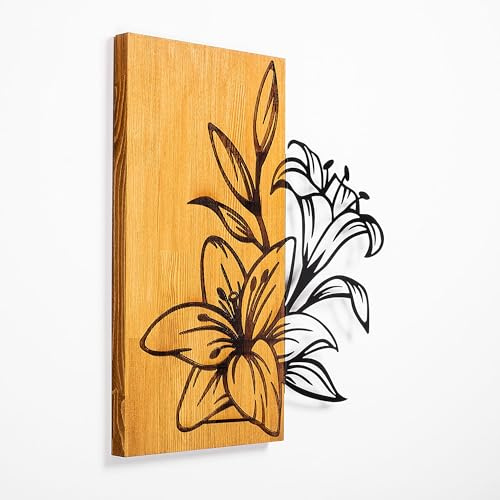 Elegant Decorative Wooden Wall Accessory, Walnut & Black, 52 x 58 cm | 50% Wood (3 cm) & Metal (1.5 mm) | Unique Texture & Color Variations