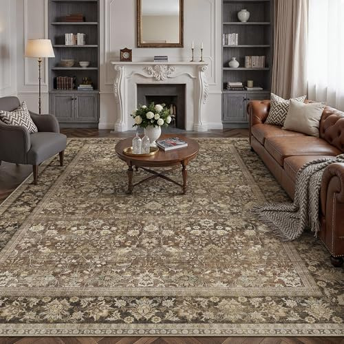 PureCozy Braun Teppich Wohnzimmer 240x300 cm, Vintage Waschbarer Teppiche rutschfest für Schlafzimmer Balkon LäUfer KüChe Esszimmer BüRo Flach, Indoor Modern Weicher Kurzflor Carpet