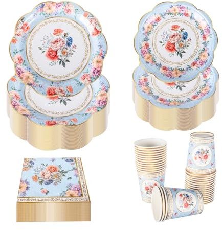 PHUNAT Vintage Party Tableware Set for 30 Guests - Blue Floral Paper Plates Napkins & Teacups - Classic British Style Paper Tableware for Garden Afternoon Tea Party, Baby Shower, Birthday, Wedding
