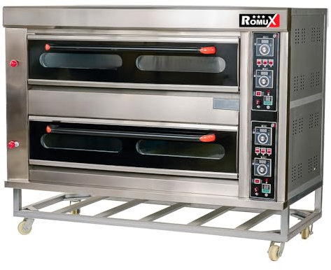Romux® Four à pizza industriel double électrique 8 + 8 x 32 cm avec sol en céramique réfractaire et thermostat de qualité | Température max 400 °C - 13 200 W | Four professionnel pour bars et