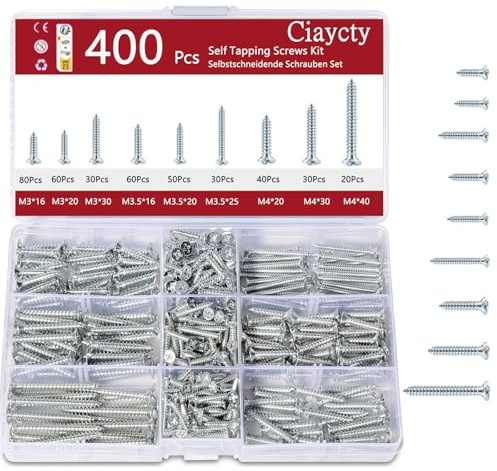 400 Stück Holzschrauben, Zink Schrauben Set, Senkkopf Holzschrauben Set, Schraubensortiment mit Aufbewahrungsbox für Möbel, Heimwerken