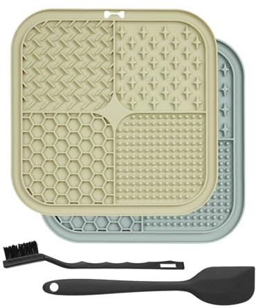 ETIALURE 2 st slickmattor för hundar, BPA-fria långsam matning slickmattor med sugkopp för katter ångestlindring, slickmatta för skötsel och bad (beige och grå, 20 cm × 20 cm)