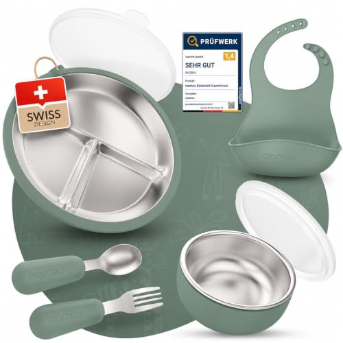 mamou Edelstahl-Kindergeschirrset 6-teilig | Teller & Schüssel mit Deckel, Besteck & Lätzchen | BPA-frei, hygienisch & geschmacksneutral | Nachhaltig & langlebig | Babys & Kleinkinder