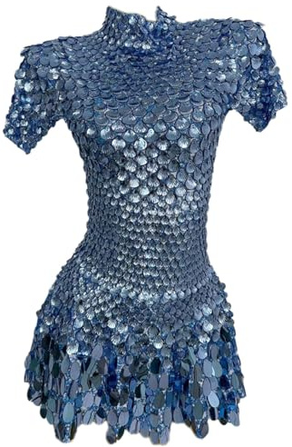 LuuMingCM Glitter Sequin Latin Dress Show Stage Wear for Women Party Celebrate Birthday Short A-line Dress Sexy Nightclub Performance Dance Costumes (UK, Alpha, One Size, Regular, Regular, Blue)