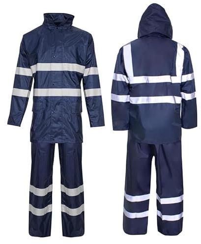 Hi Vis Waterproof Rainsuit 2 Piece Jacket & Trousers Set – High Visibility Workwear Safety Rain Suit Overalls Protective Clothing Outdoor Work Unisex Lightweight Synthetic Waterproof Navy XL