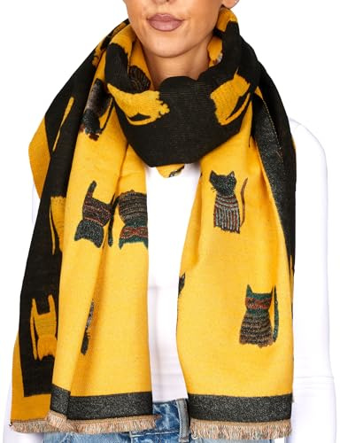BRUBAKER Cashmirillo Damen Schal mit Katzen Muster - 70 x 200 cm | Warm, Kuschelig und Oversized - Winterschal für Herbst und Winter - Herbstschal - Weiches Kaschmir-Gefühl