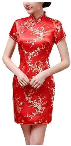 Zanisouta Abito da sera da donna, cinese, elegante, minigonna Cheongsam Qipao Chipao, tubino vintage, drago e fenice corto, colletto mandarino, sexy, vestito oversize cinese