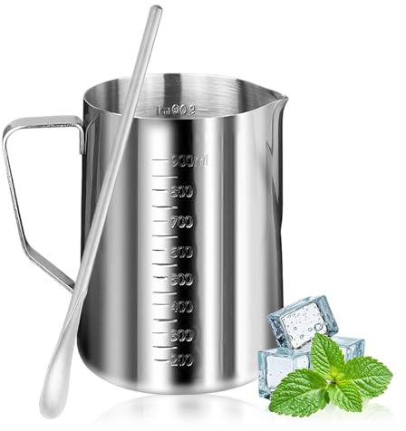 Messbecher 1L Edelstahl, Milchkännchen mit Markierung 304 Edelstahl Messbecher Messkanne Milk Pitcher mit Rührstab fur Kaffeekanne Eiskübel Spülmaschinenfest Silber