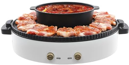 Elektrisch Hotpot Topf 2000W Hot Pot Multifunktionaler Elektrischer Kochtopf mit Grill 42cm Antihaft-Beschichtung 2-in-1 Grill-Kochtopf für Zuhause Hotpot & BBQ Party (weißer runder Topf)