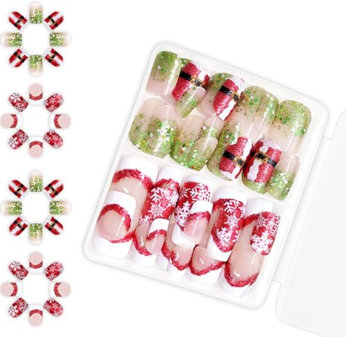 Faux ongles carrés courts blancs en forme de flocon de neige - Couverture complète - Ongles de Noël à presser pour femme - Faux ongles carrés courts à coller sur les ongles de Noël