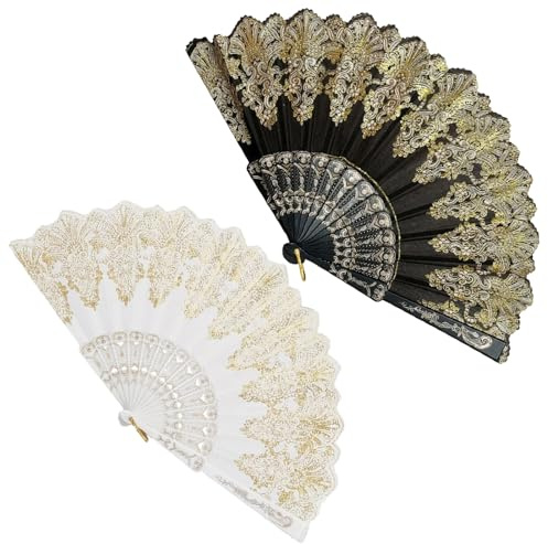 YTLSDHF 2 Pcs Hand Fan Folding, Folding Hand Fan in Black and White, 23 cm Length Rave Fan with Elegant Rose Pattern, Lace Fan for Wedding Occasions, Suitable for Most People