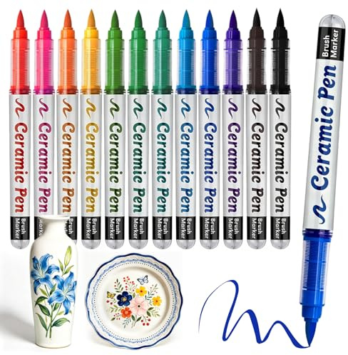 ariel-gxr 12 Farben Porzellanstifte Spülmaschinenfest, Glasmalstifte Spülmaschinenfest, Acrylic Marker für Keramik Bemalen, Wasserfester Keramik Stifte für Steine Bemalen, Glas, Holz, Keramik, Metall