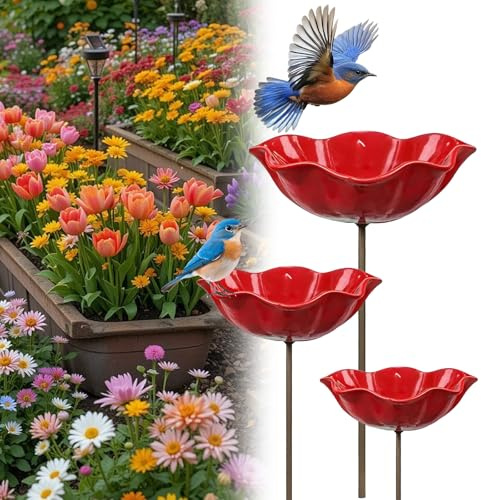 Vogeltränke Blume aus Metall, Handgefertigter Blumen Gartenstecker Bienentränke, Outdoor Vogeltränke & Insektentränke, Bienentränke für Garten, Hof und Terrasse (3 Stück Rot)