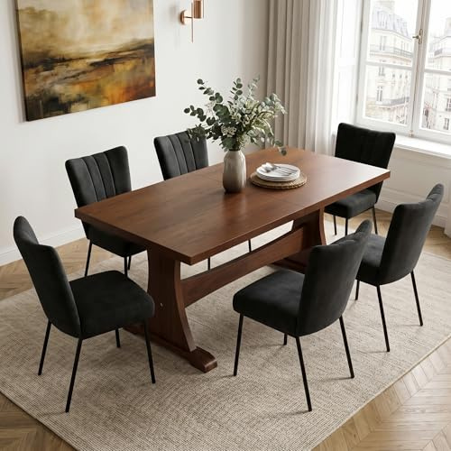 JIEXI Esstisch 160 cm mit 6 Stühlen, Essgruppe MDF-Esstisch und Stuhl-Set für 6 Personen, Moderne Bauernhaus-Küchen-Esszimmer-Möbel (Brauner Esstisch + 6 Schwarze Stühle – A)