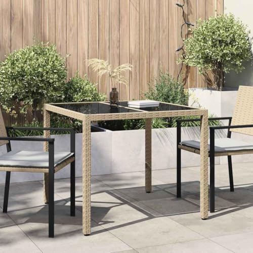 Kaloriko Trädgårdsbord, beige, 90 x 90 x 75 cm, polyrotting, stabil, väderbeständigt för terrass, balkong, utomhus, camping, picknick, loungebord, vikbart, utrymmesbesparande