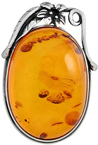 Sterling Silver Baltic Amber Oval Brooch Pin for Women Antiqued Finish Approx. 1 5/8 inch Wide