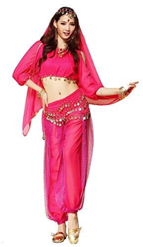 Best Dance Bauchtanz-Kostüm für Damen bestehend aus Oberteil mit Ärmeln, Haremshose und einem Hüftgürtel / Hüfttuch, dreiteilig
