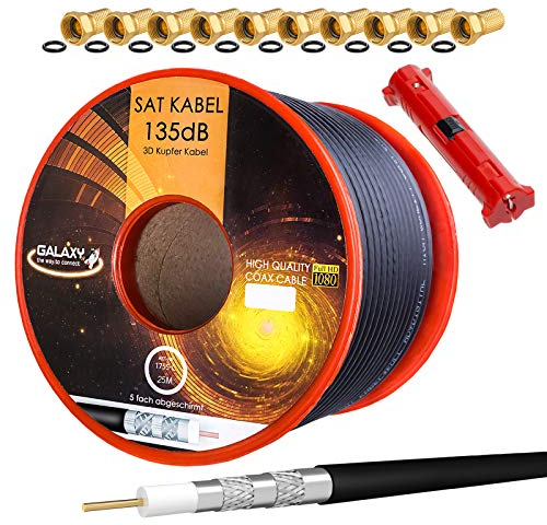 Câble SAT coaxial HB-Digital 25m 135db noir + 10x connecteur F plaqué or + 1x dénudeur Câble d'antenne satellite en cuivre pur CU 5 voies blindé pour systèmes radio DVB-S/S2/C/C2/T/T2 DAB +