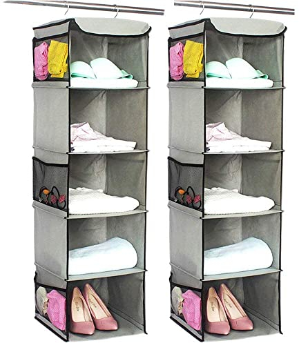 BrilliantJo Hängeregal, 2er Set Hängeaufbewahrung mit 5 Fächern, Camping Schrankorganizer innen mit Metallrahmen, Organizer Aufbewahrungssystem für Kleiderschränke, 30 x 30 x 108 cm Grau