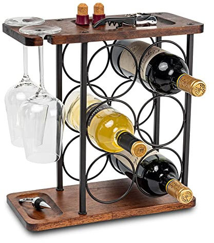 SASIDO Wine Racks Countertop, Wine Holder and Glasses Rack, Wooden Wine Stand with Tray, Perfect for Home Decor & Kitchen Storage Rack etc (Hold 6 Bottles and 2 Glasses)